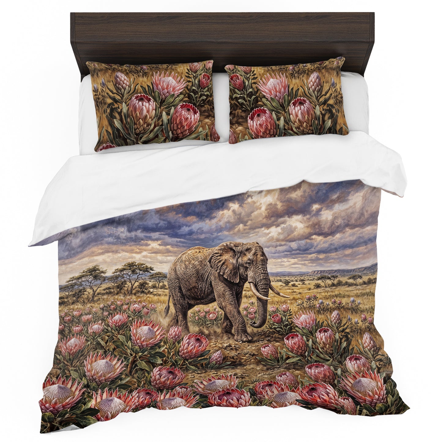 Majestic Elephant Among the Proteas Duvet Cover Set
