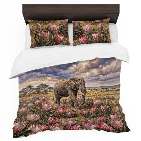 Majestic Elephant Among the Proteas Duvet Cover Set