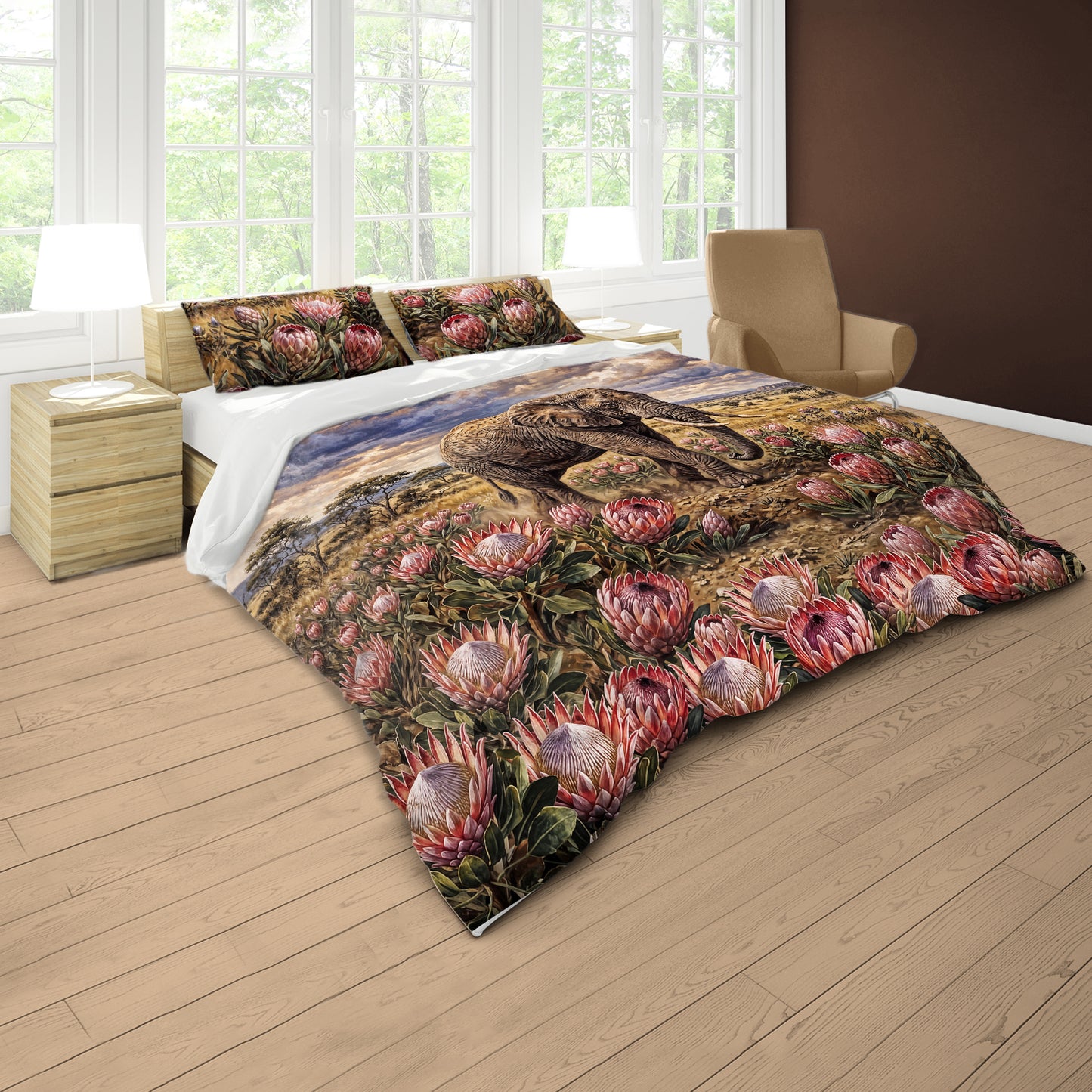 Majestic Elephant Among the Proteas Duvet Cover Set