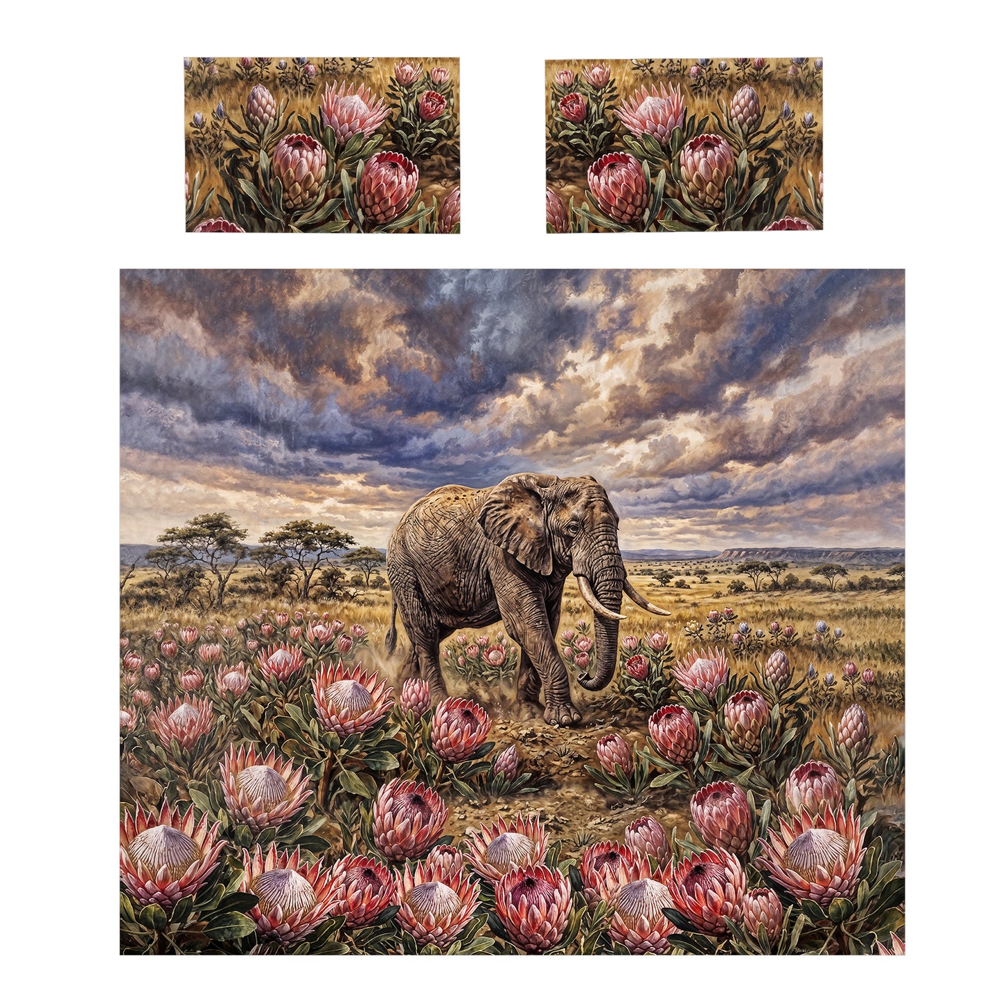 Majestic Elephant Among the Proteas Duvet Cover Set