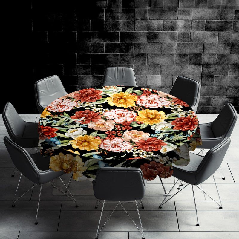 Maroon Yellow Flowers on Black Round Tablecloth by Mark van Vuuren