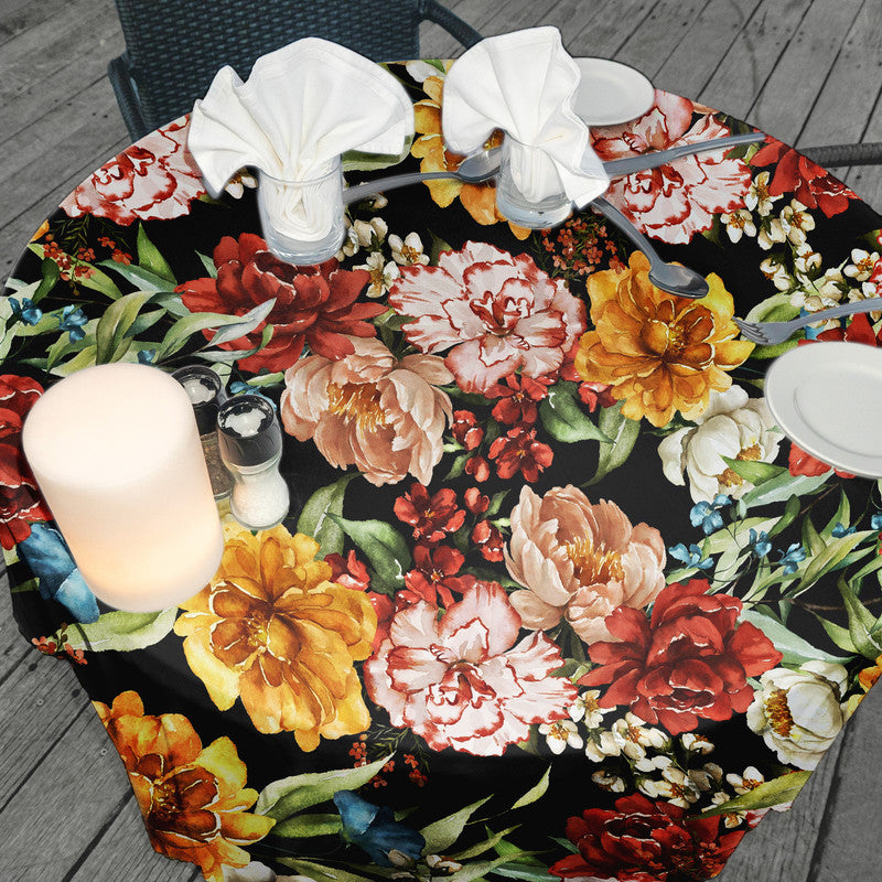 Maroon Yellow Flowers on Black Round Tablecloth by Mark van Vuuren