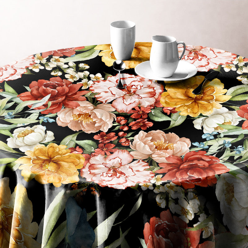 Maroon Yellow Flowers on Black Round Tablecloth by Mark van Vuuren