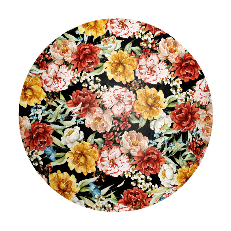 Maroon Yellow Flowers on Black Round Tablecloth by Mark van Vuuren