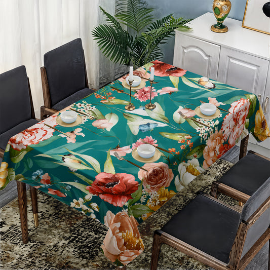 Maroon and Peach Tone Flowers On Green Rectangle Tablecloth by Mark van Vuuren