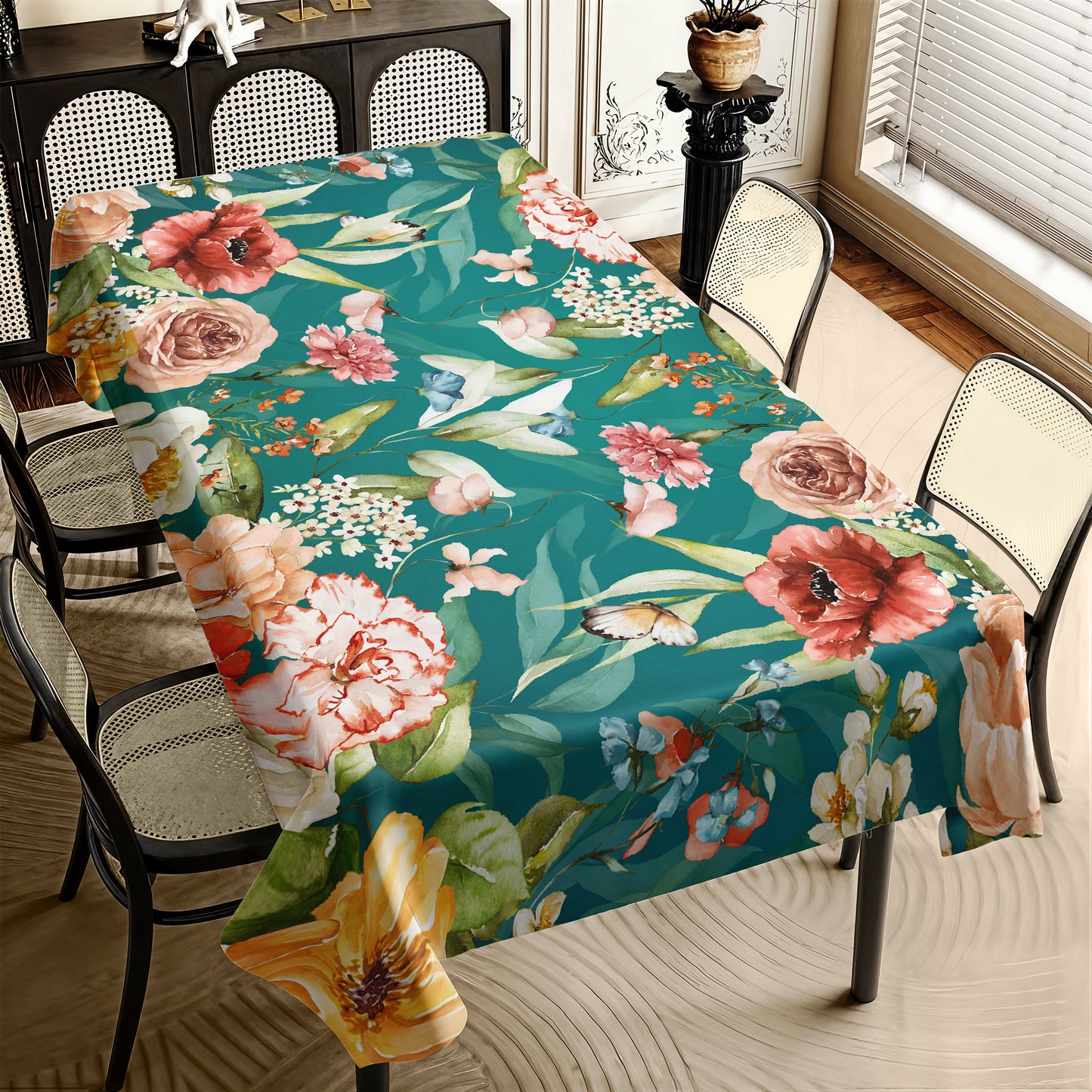 Maroon and Peach Tone Flowers On Green Rectangle Tablecloth by Mark van Vuuren