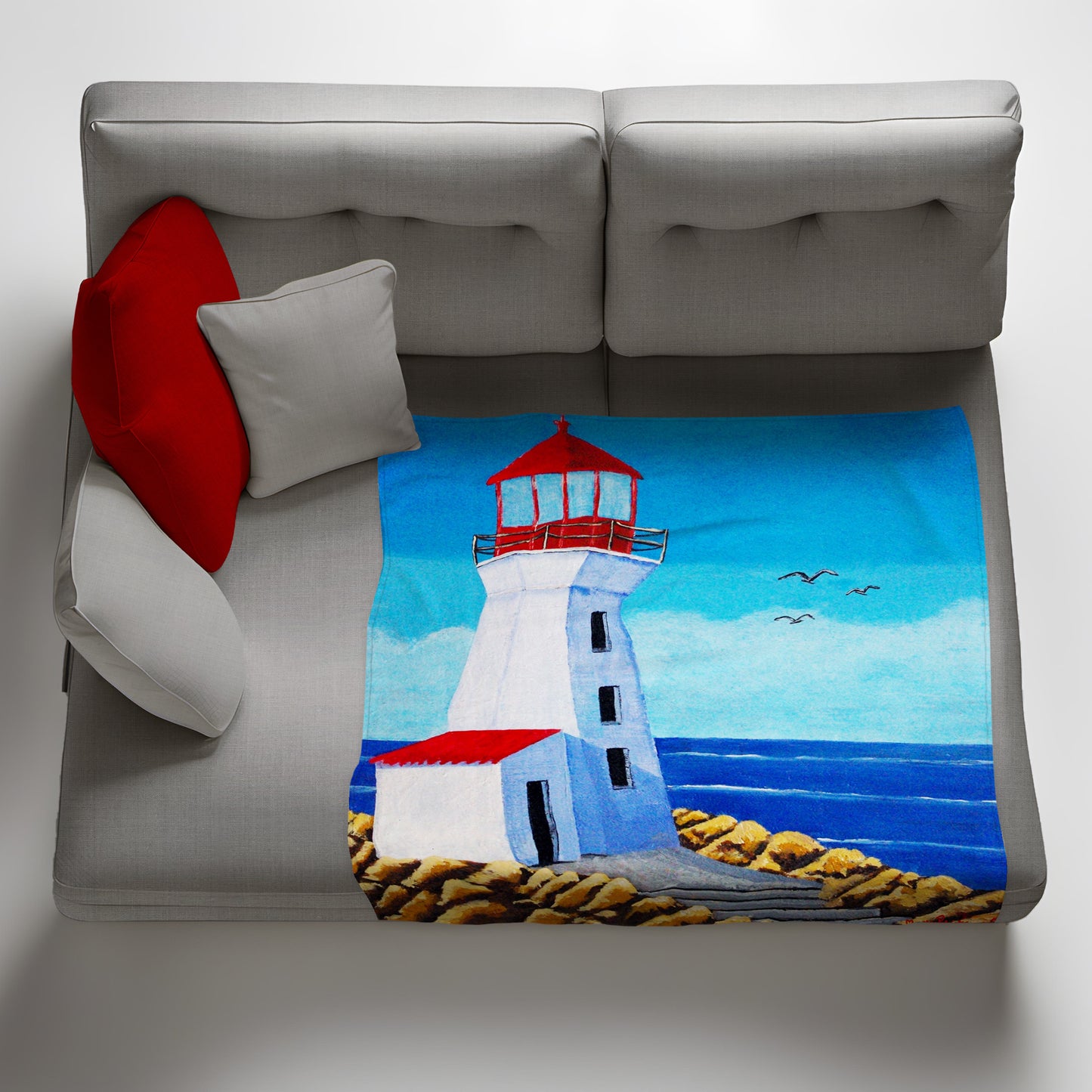 Red Roof Lighthouse Light Weight Fleece Blanket by Marthie Potgieter