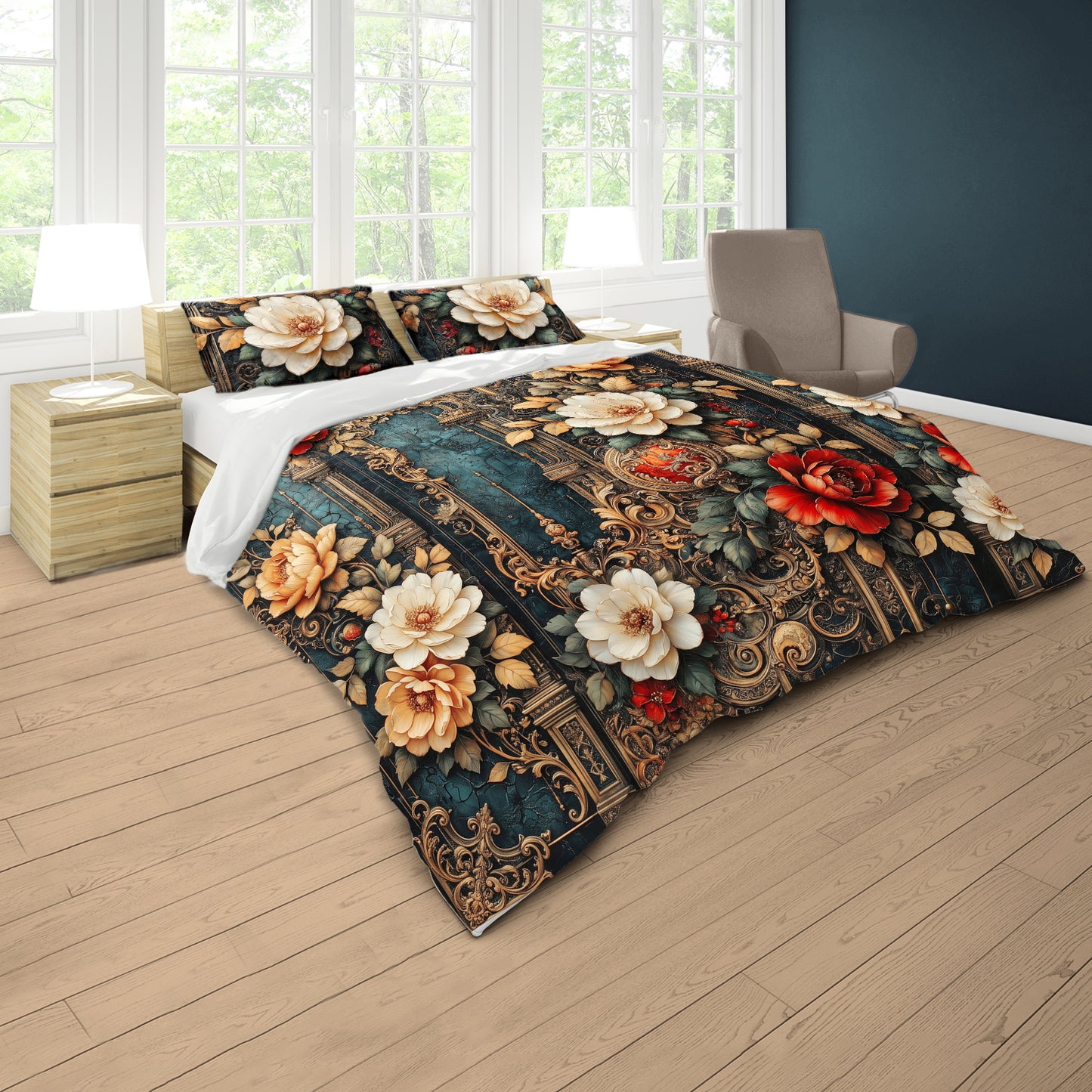Midnight Rococo Floral Duvet Cover Set