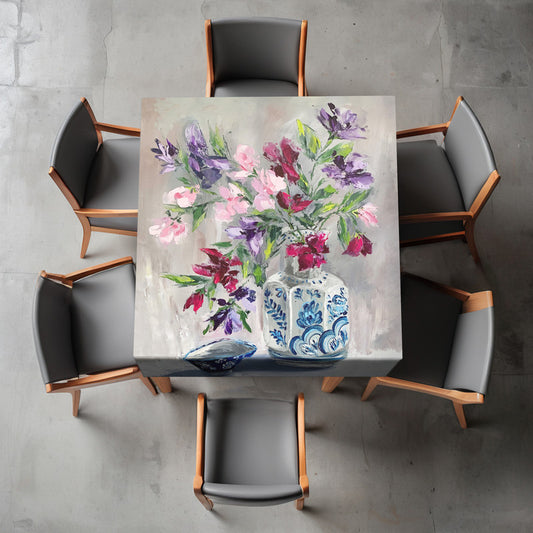 Mix of Floral in Porcelain Pot Square Tablecloth By Juanette Menderoi