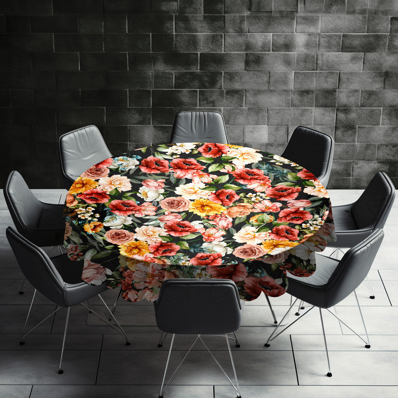 Mustard Flowers Pattern on Black Round Tablecloth by Mark van Vuuren