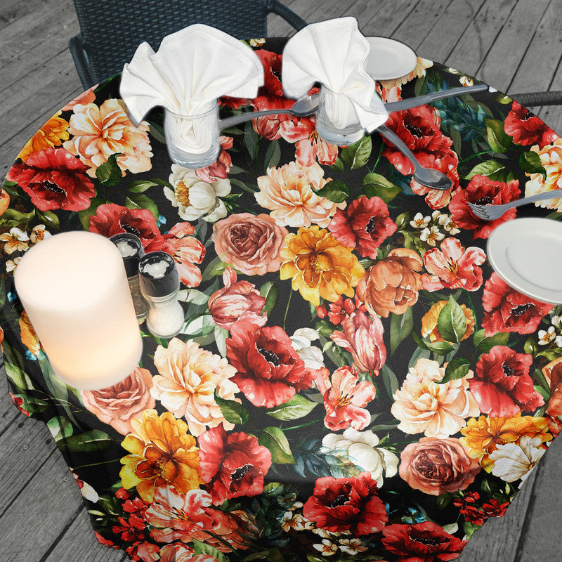Mustard Flowers Pattern on Black Round Tablecloth by Mark van Vuuren