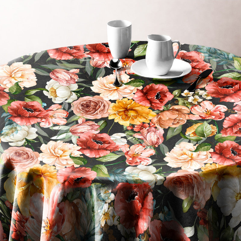Mustard Flowers Pattern on Black Round Tablecloth by Mark van Vuuren