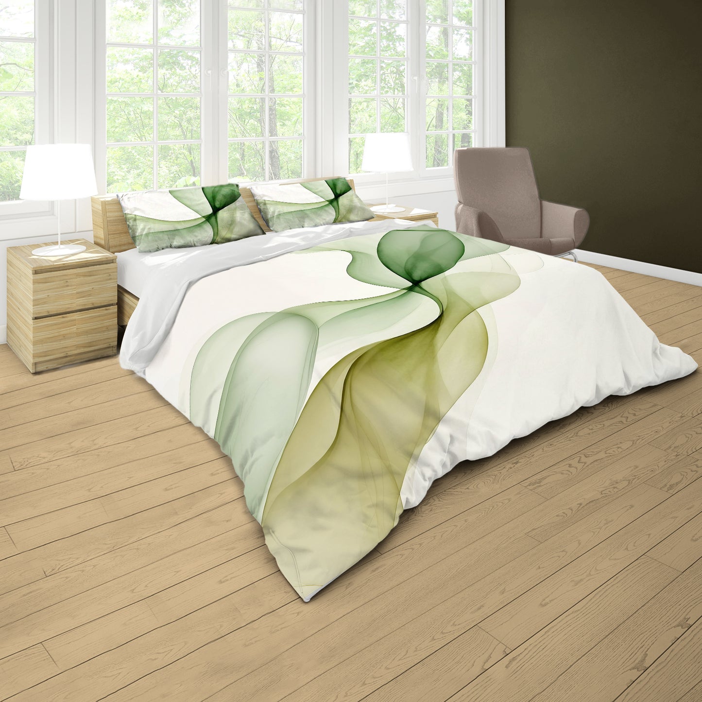 Olive Green Ribbon on Cream Duvet Cover Set