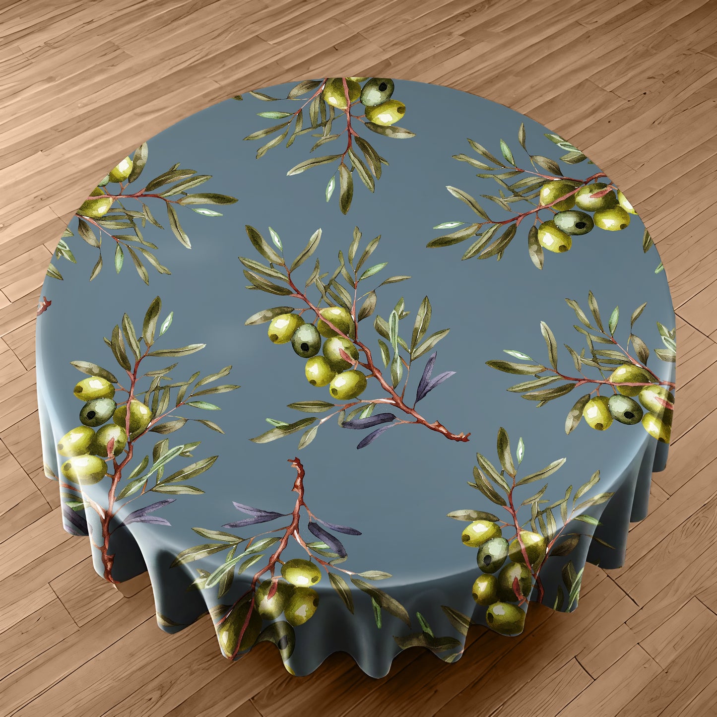 Olives On Grey Round Tablecloth by Mark van Vuuren