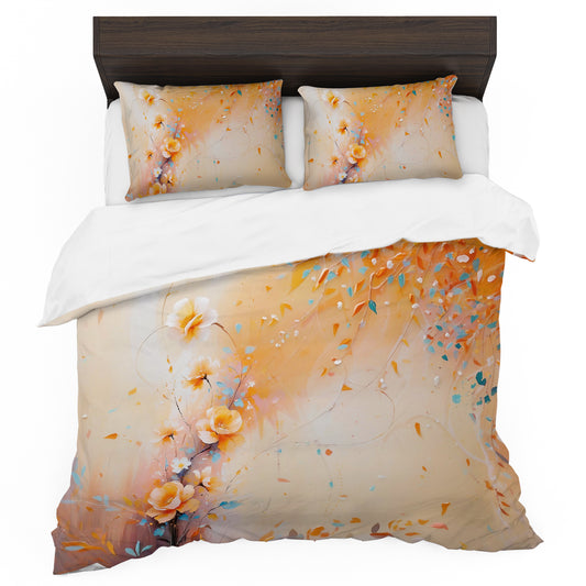 Orange Floral Leaves Duvet Cover Set