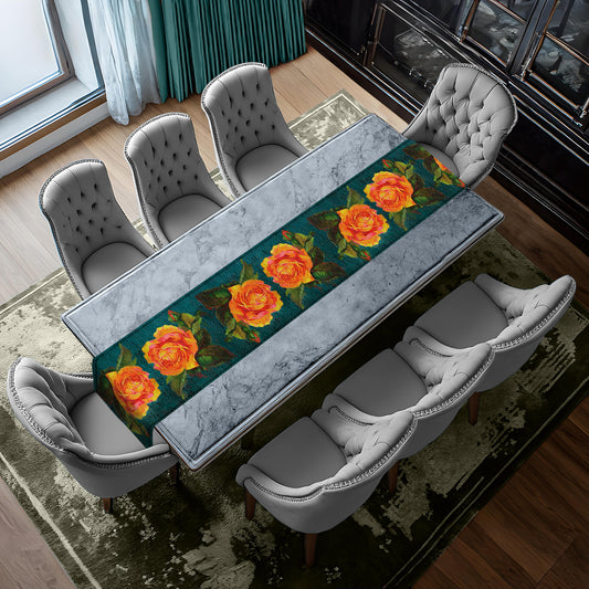 Orange Water Painted Flowers on Emerald Green Table Runner By Mark van Vuuren
