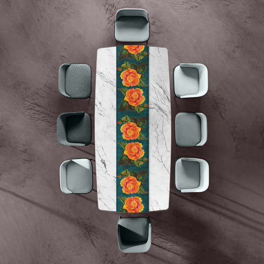 Orange Water Painted Flowers on Emerald Green Table Runner By Mark van Vuuren