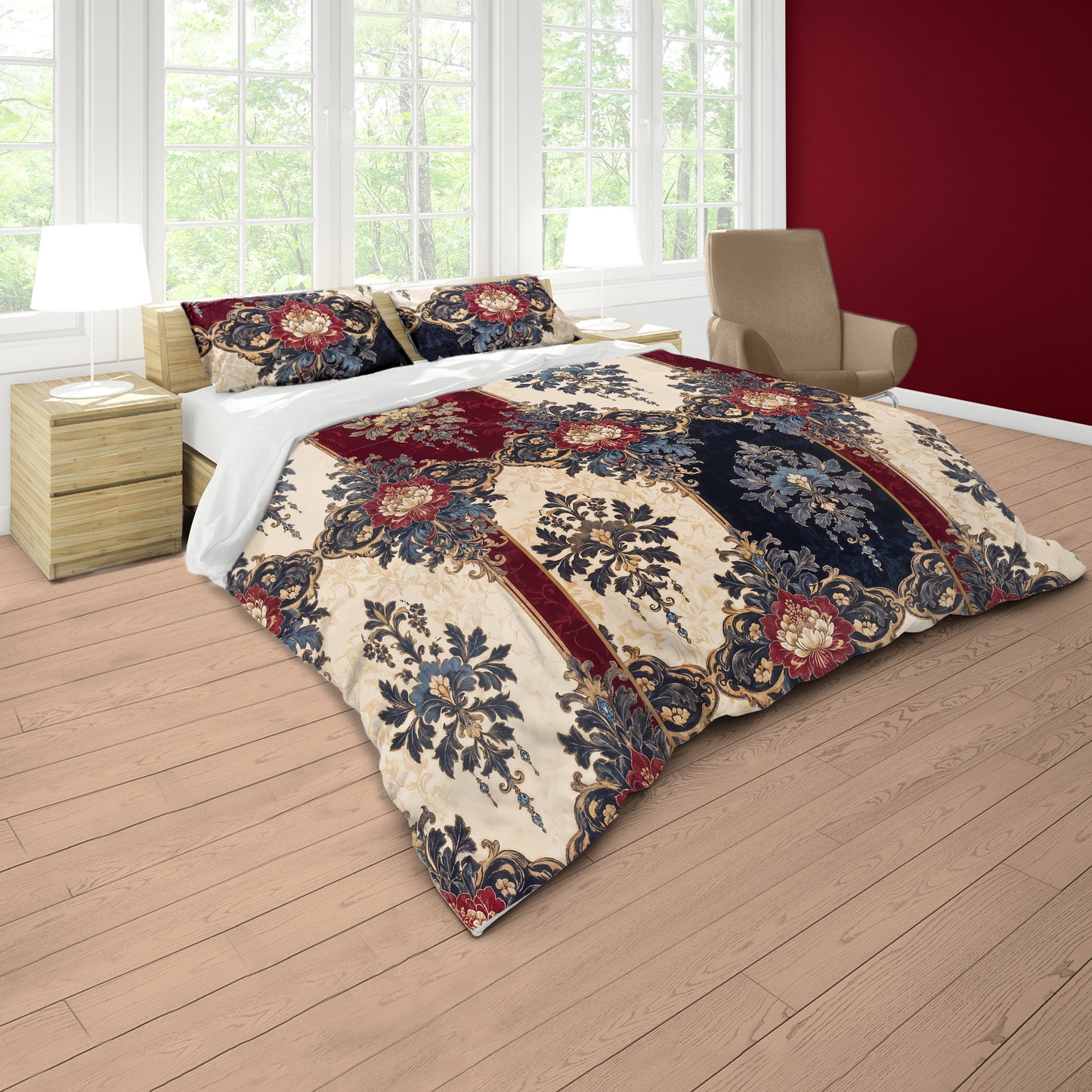 Ornamental Stripe Damask Duvet Cover Set