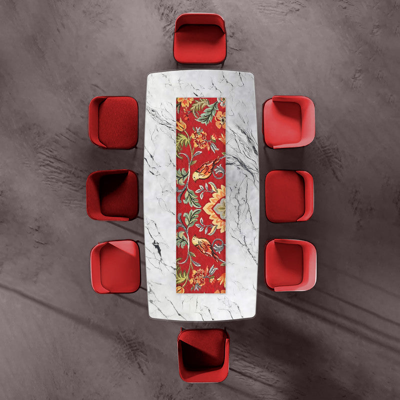 Painted Birds Abstract on Red 160cm Table Runner