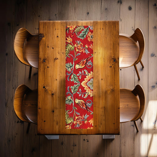 Painted Birds Abstract on Red 160cm Table Runner