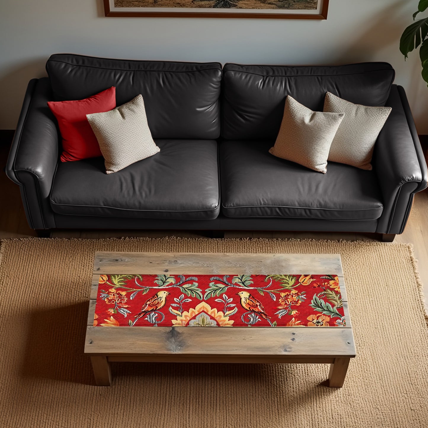 Painted Birds Abstract on Red 160cm Table Runner