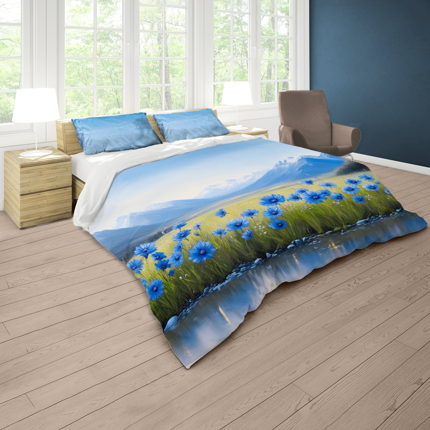 Painted Blue Daisies Duvet Cover Set