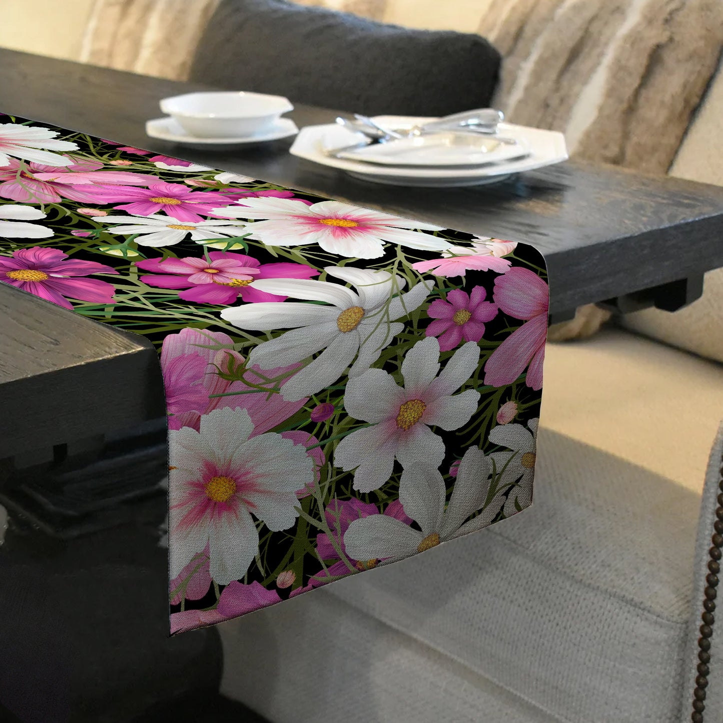 Painted Cosmos Flowers on Black Table Runner By Mark van Vuuren