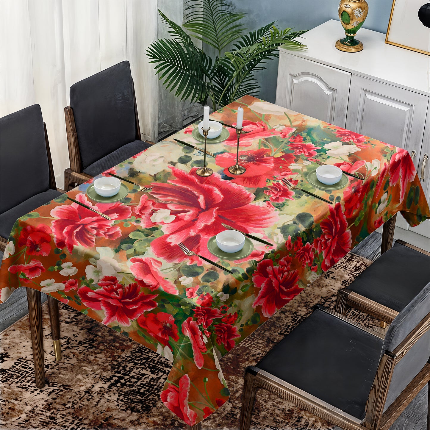 Painted Red Blooming Floral Rectangle Tablecloth By Mark Van Vuuren