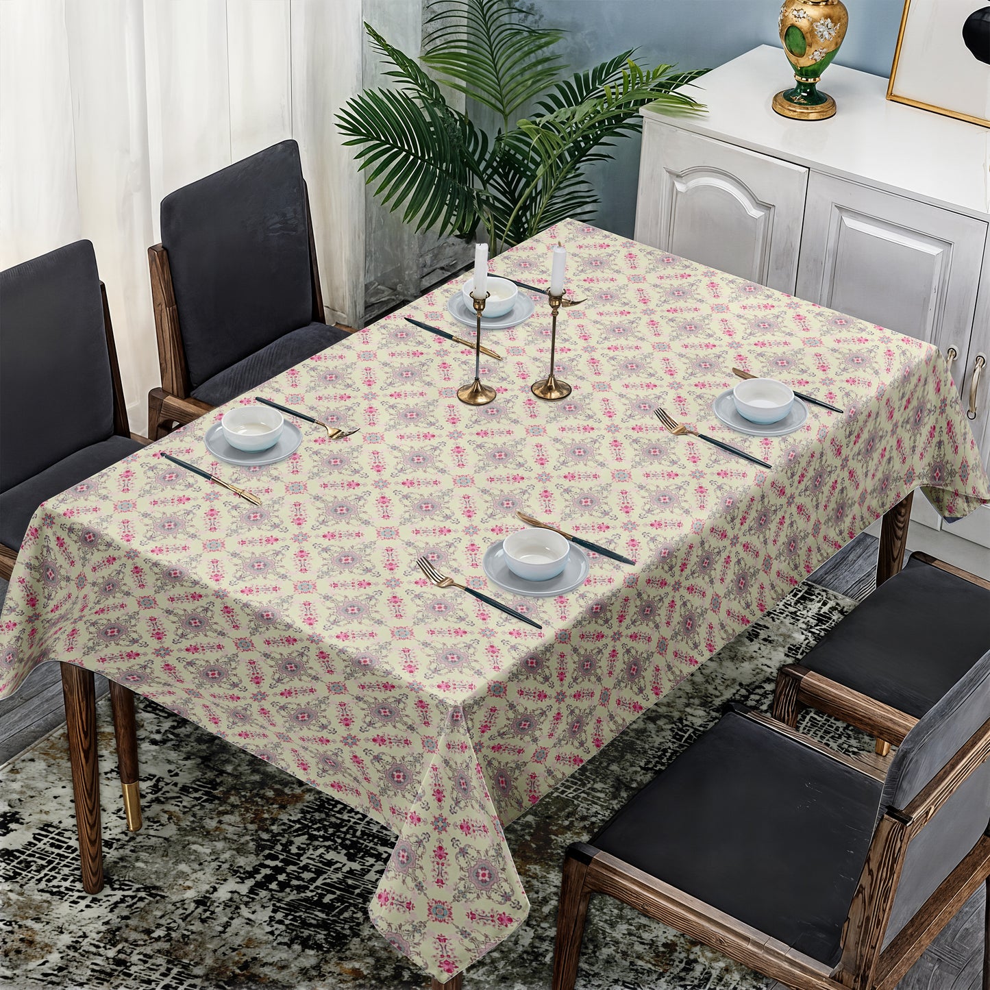 Painted Victorian Ivory & Ink Rectangle Tablecloth