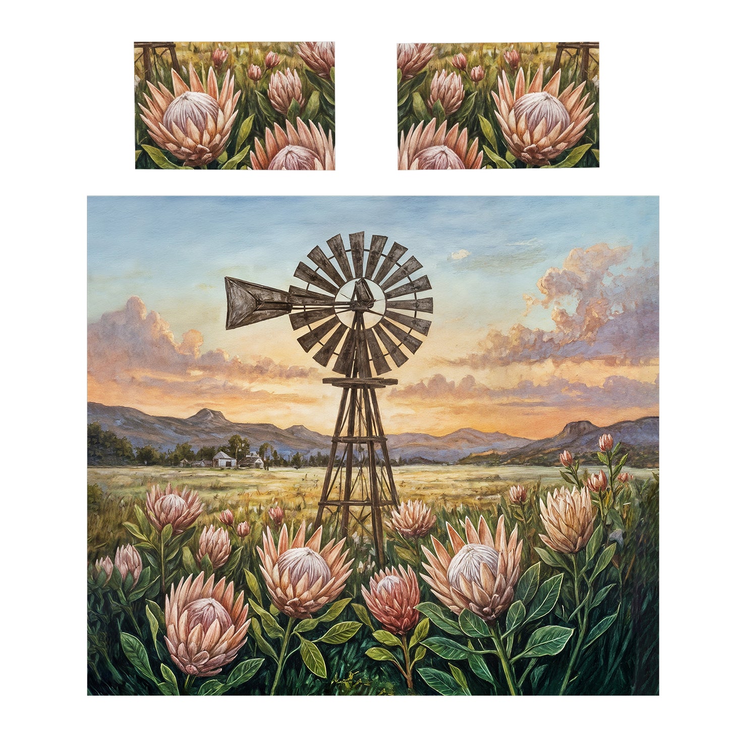 Painted Windmill & Protea Sunset Duvet Cover Set