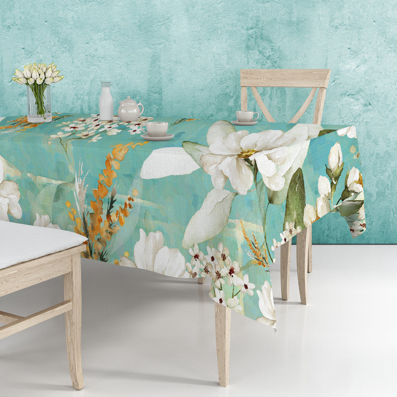 Pastel Teal Flower Pattern Rectangle Tablecloth by Mark van Vuuren