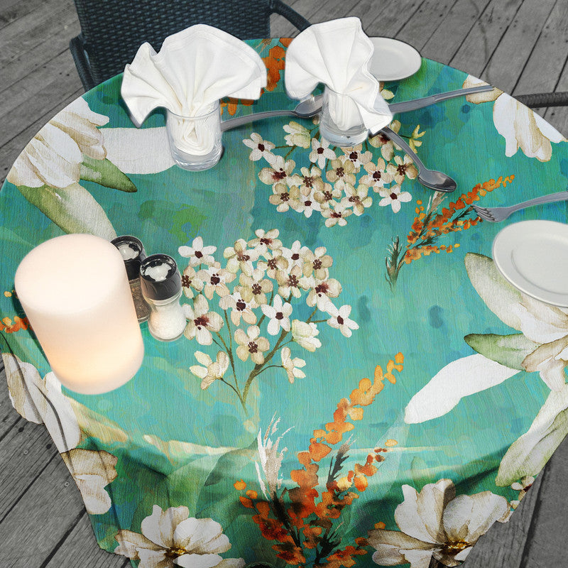 Pastel Teal Leaf Vines Round Tablecloth by Mark van Vuuren