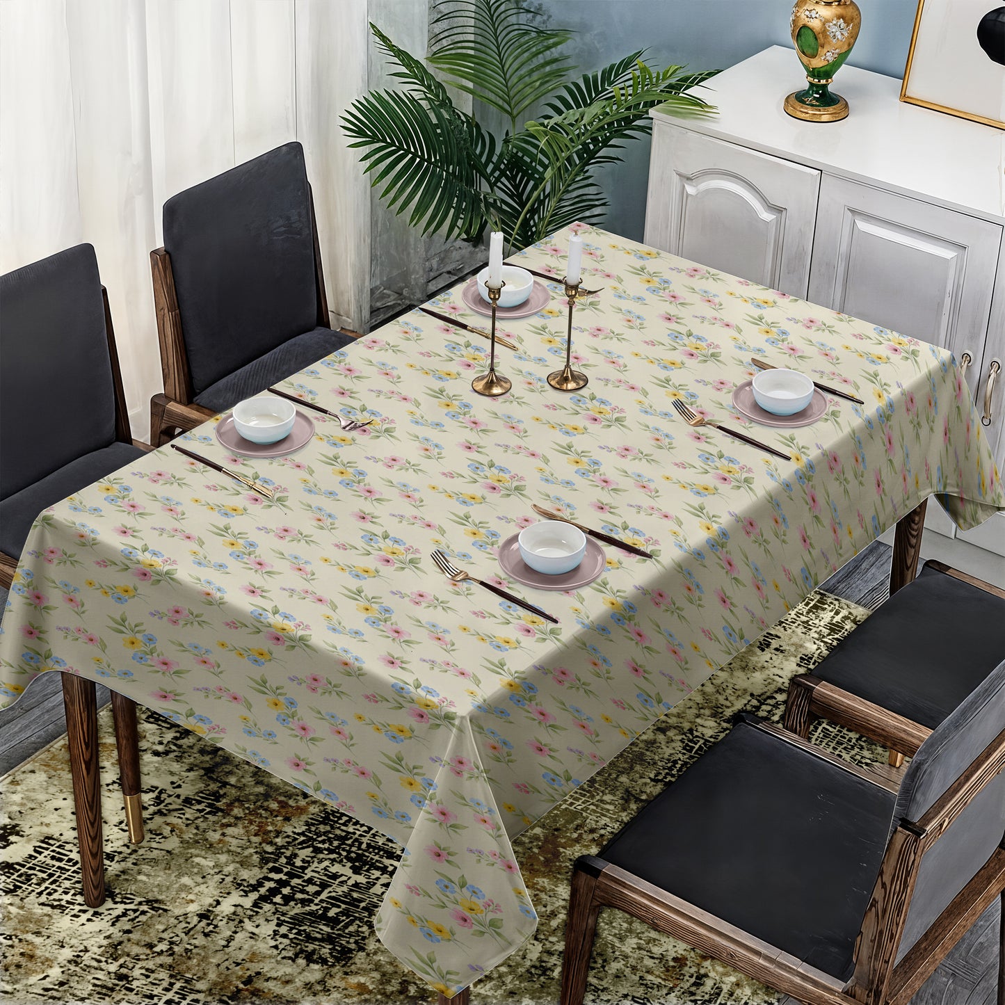 Pastel Bouquets on Soft Yellow Rectangle Tablecloth