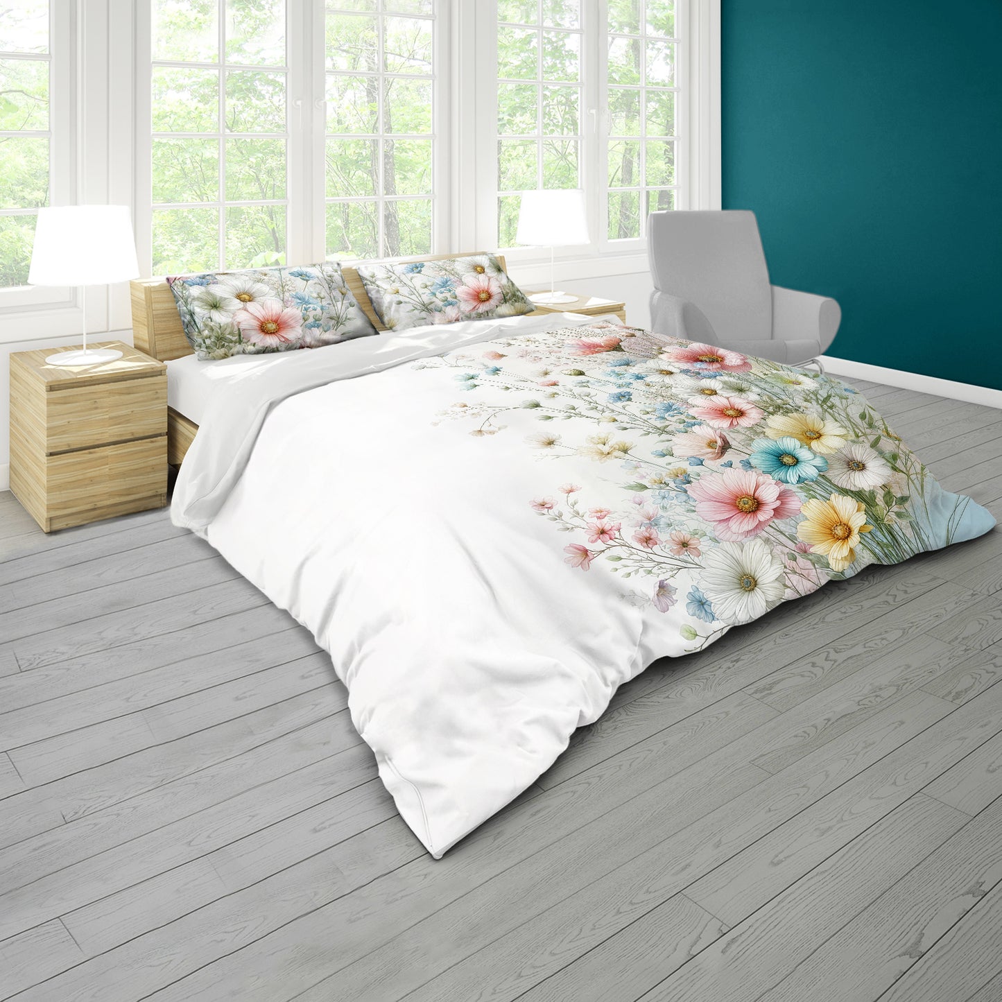 Pastel Flowers on White Duvet Cover Set