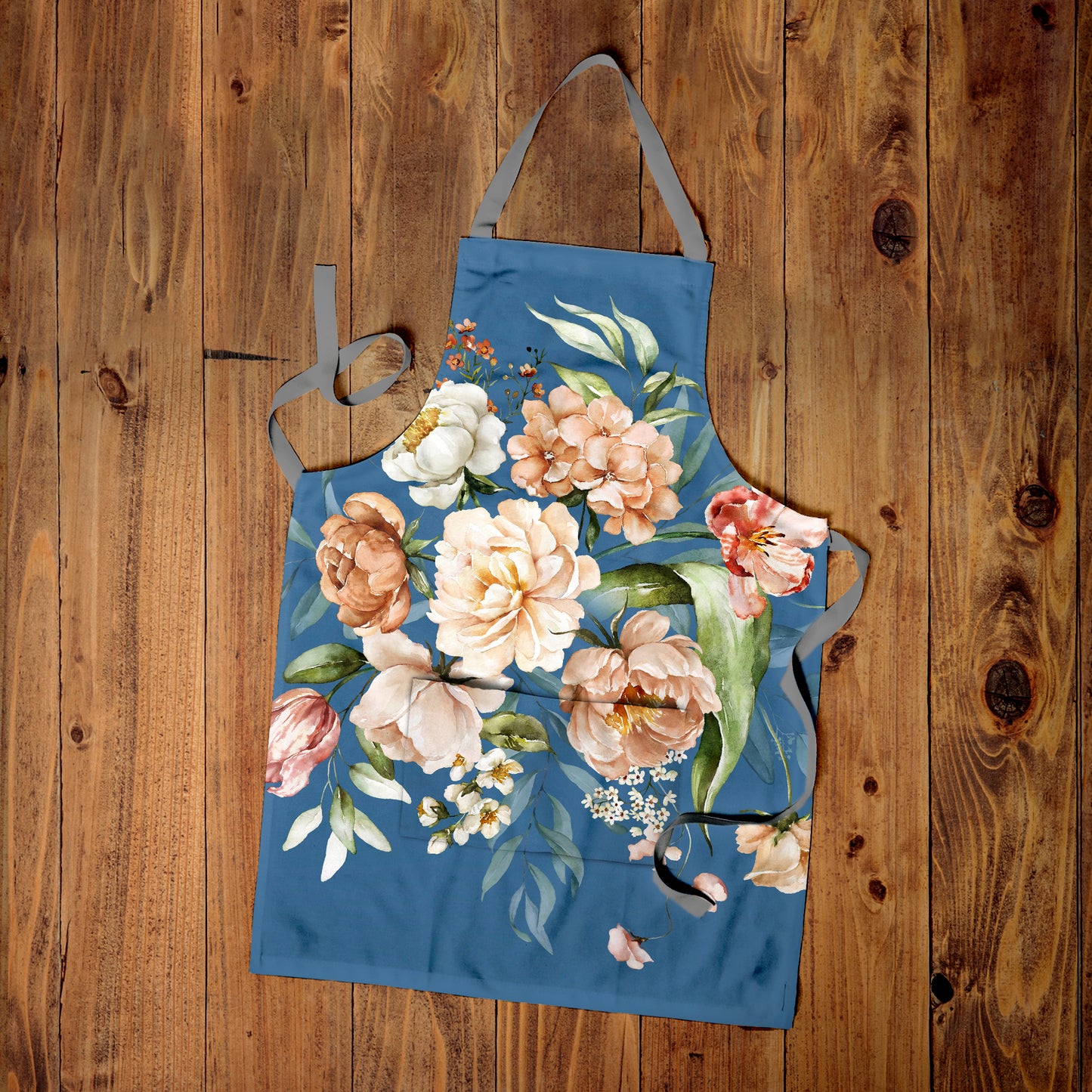 Peach Flowers On Blue Medium Length Apron By Mark Van Vuuren