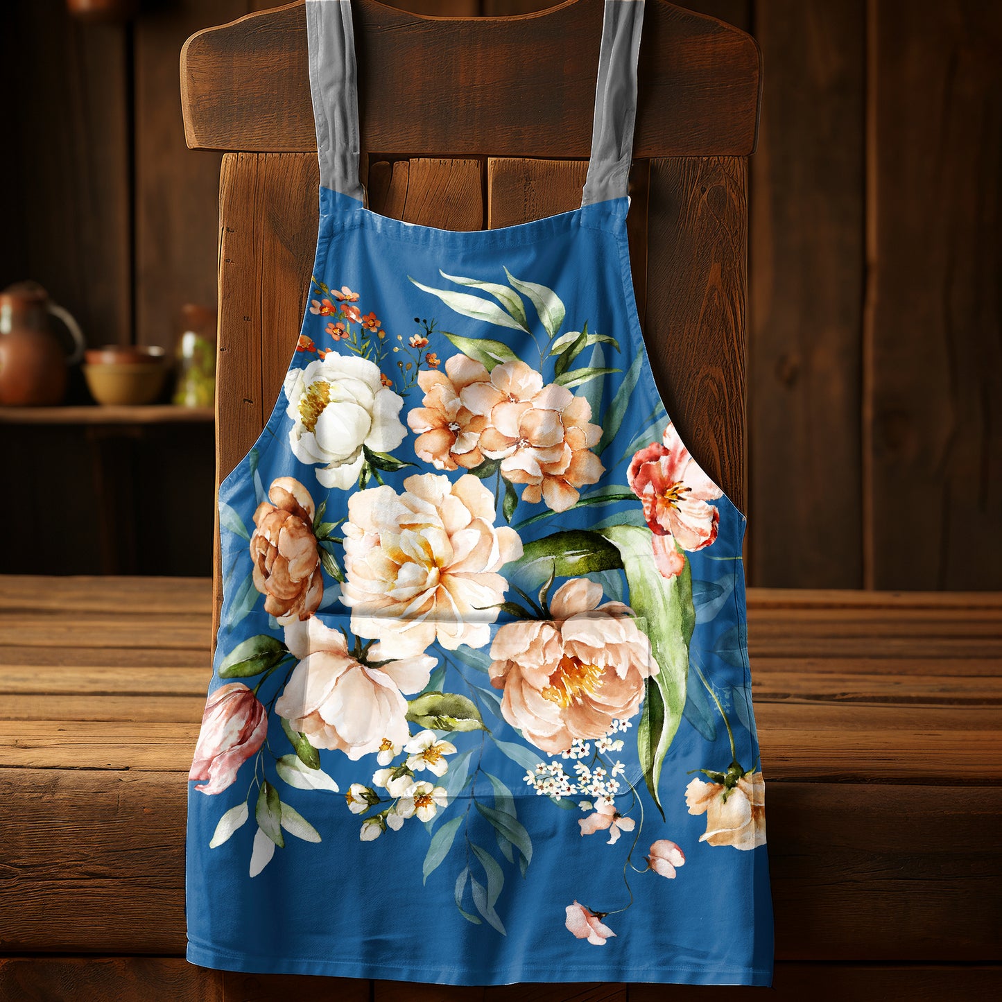 Peach Flowers On Blue Medium Length Apron By Mark Van Vuuren
