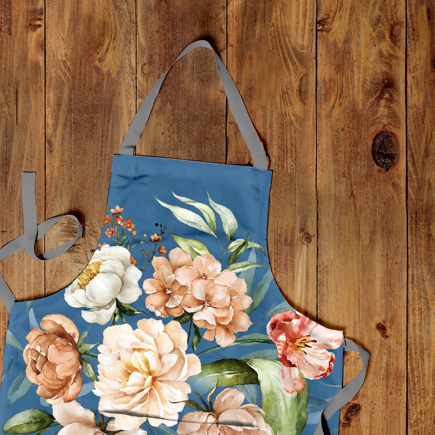 Peach Flowers On Blue Medium Length Apron By Mark Van Vuuren