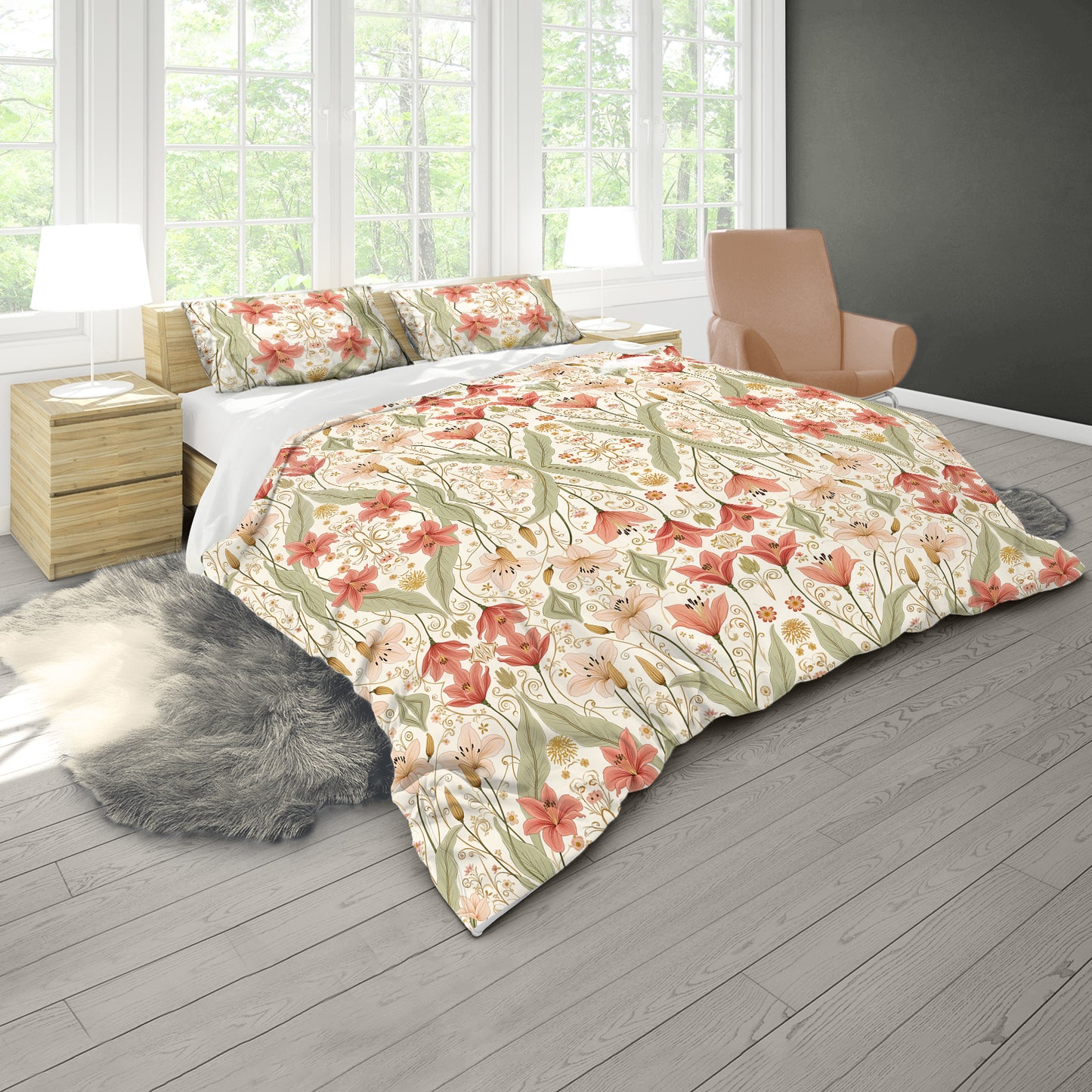 Peach Lily Blossom Duvet Cover Set