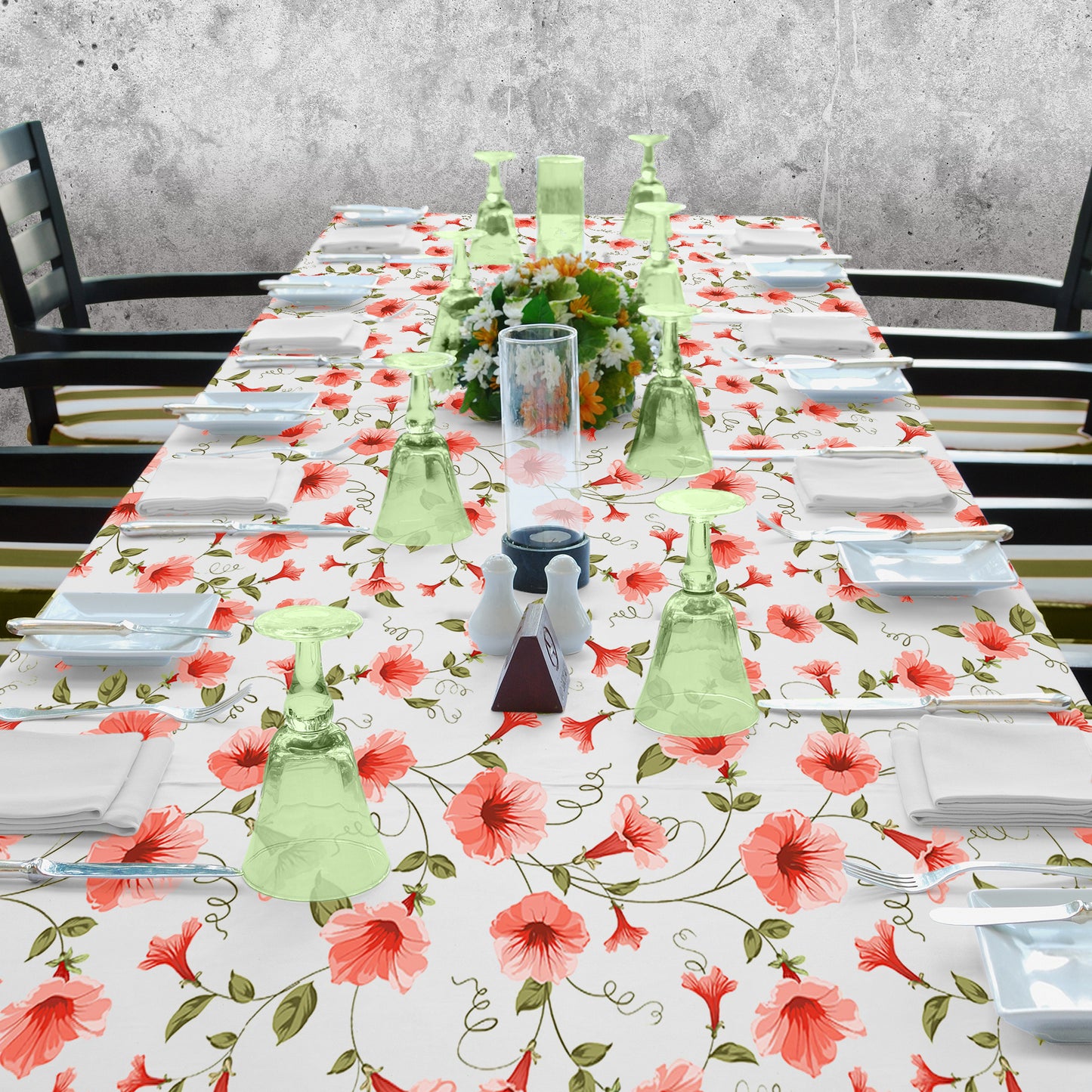 Peach Lily Pattern on White 3m Rectangle Tablecloth
