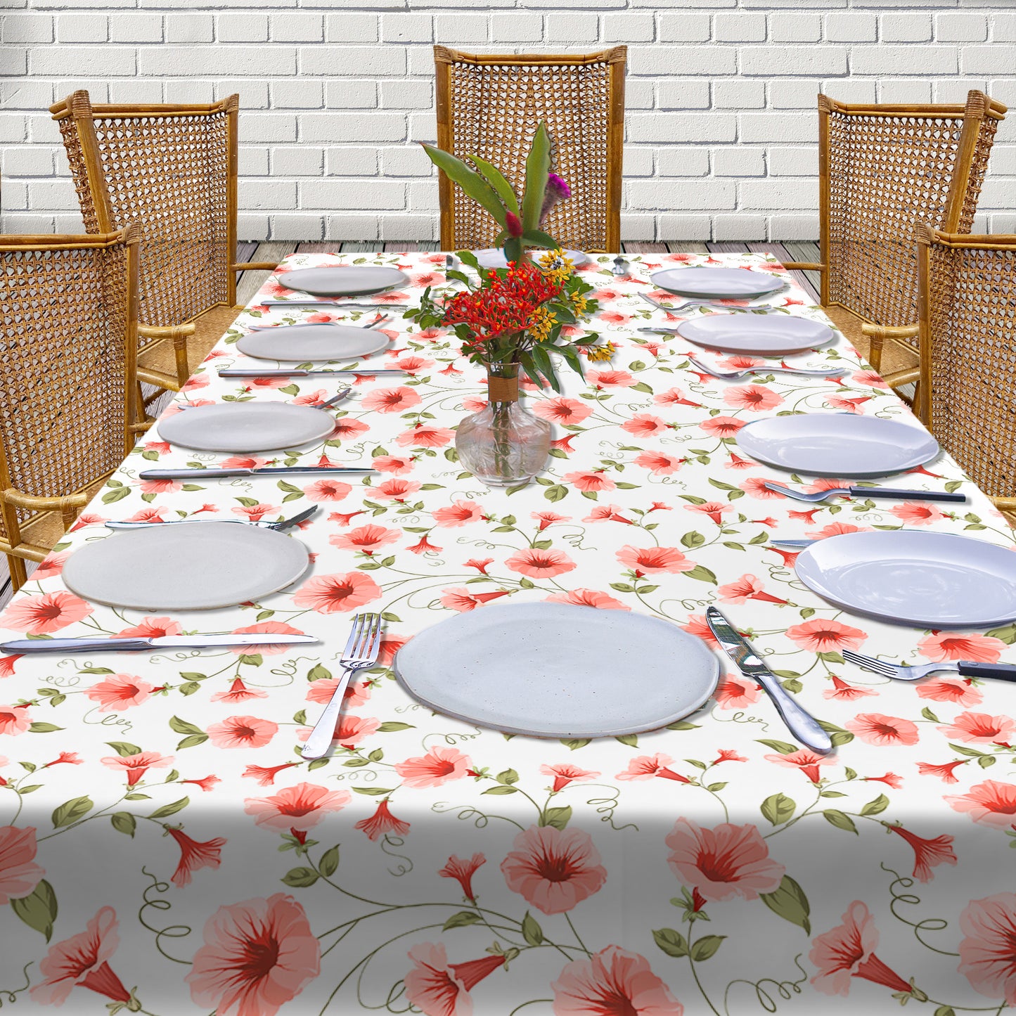 Peach Lily Pattern on White 3m Rectangle Tablecloth