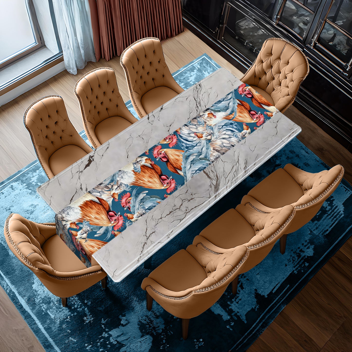 Peach Painted Rooster on Blue Table Runner  By Mark Van Vuuren