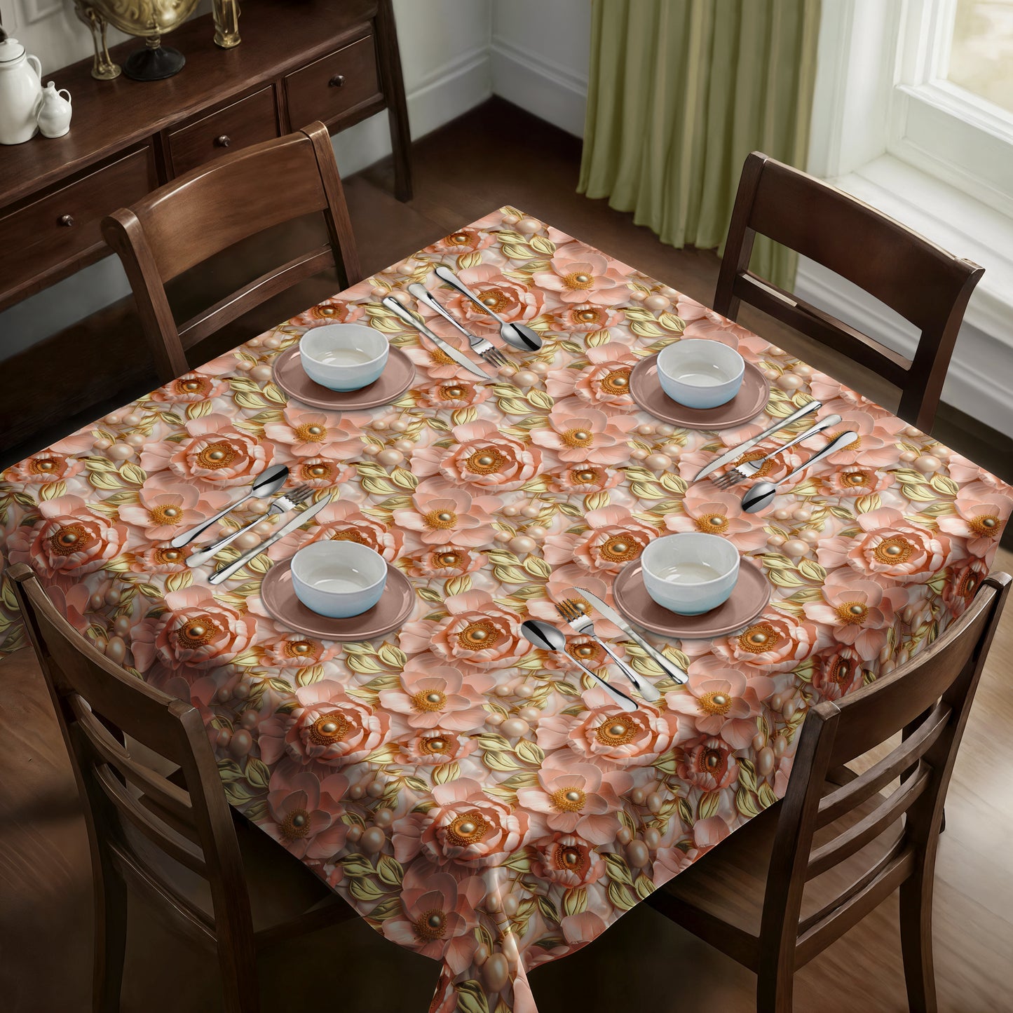 Peach Peonies Square Tablecloth