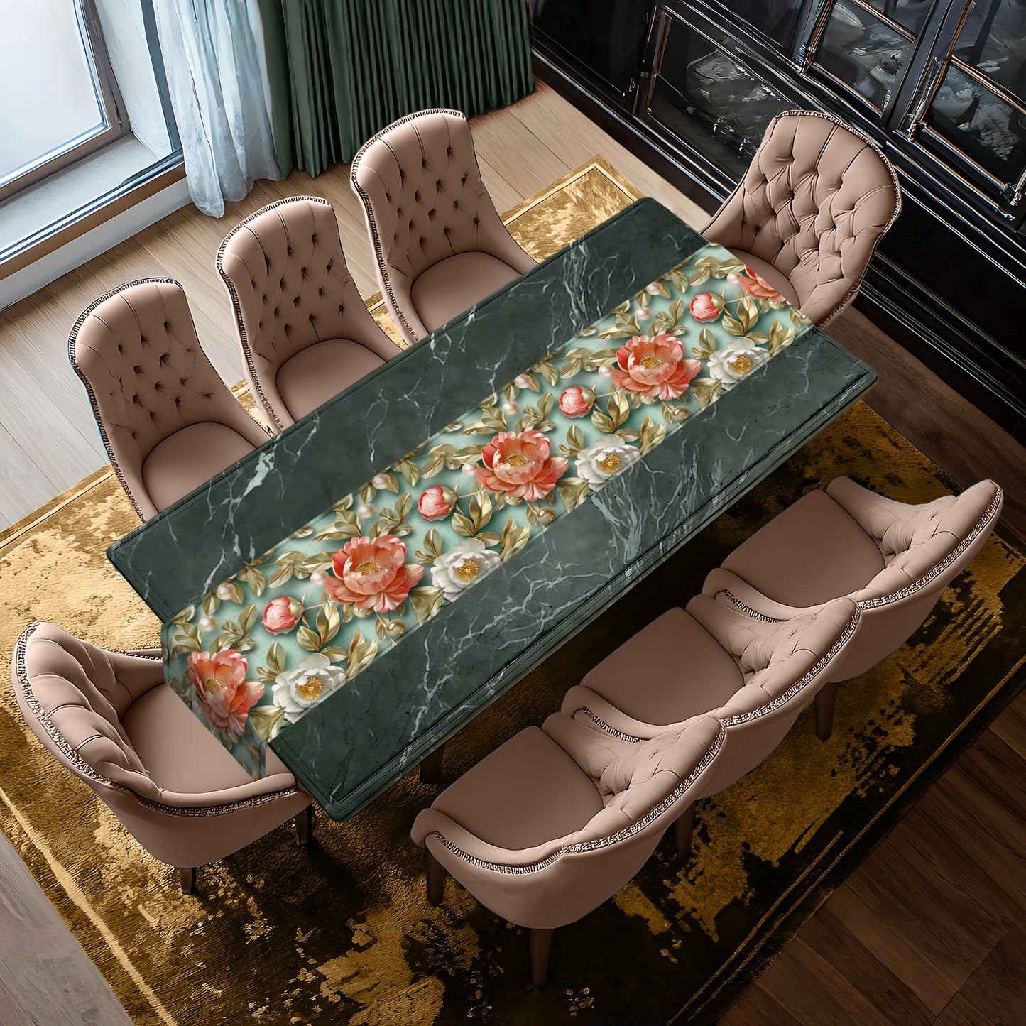 Peach on Sage Peonies Table Runner