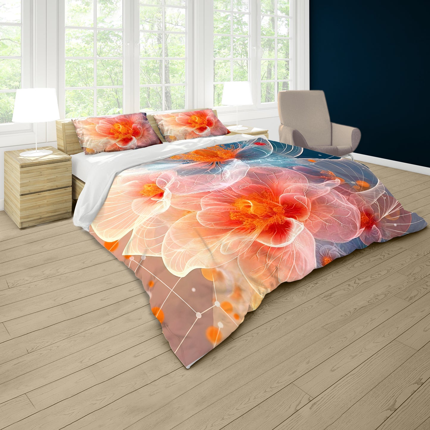 Peach to Turquoise Floral Duvet Cover Set