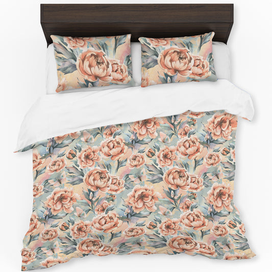 Peachy Dahlia Flowers Duvet Cover Set