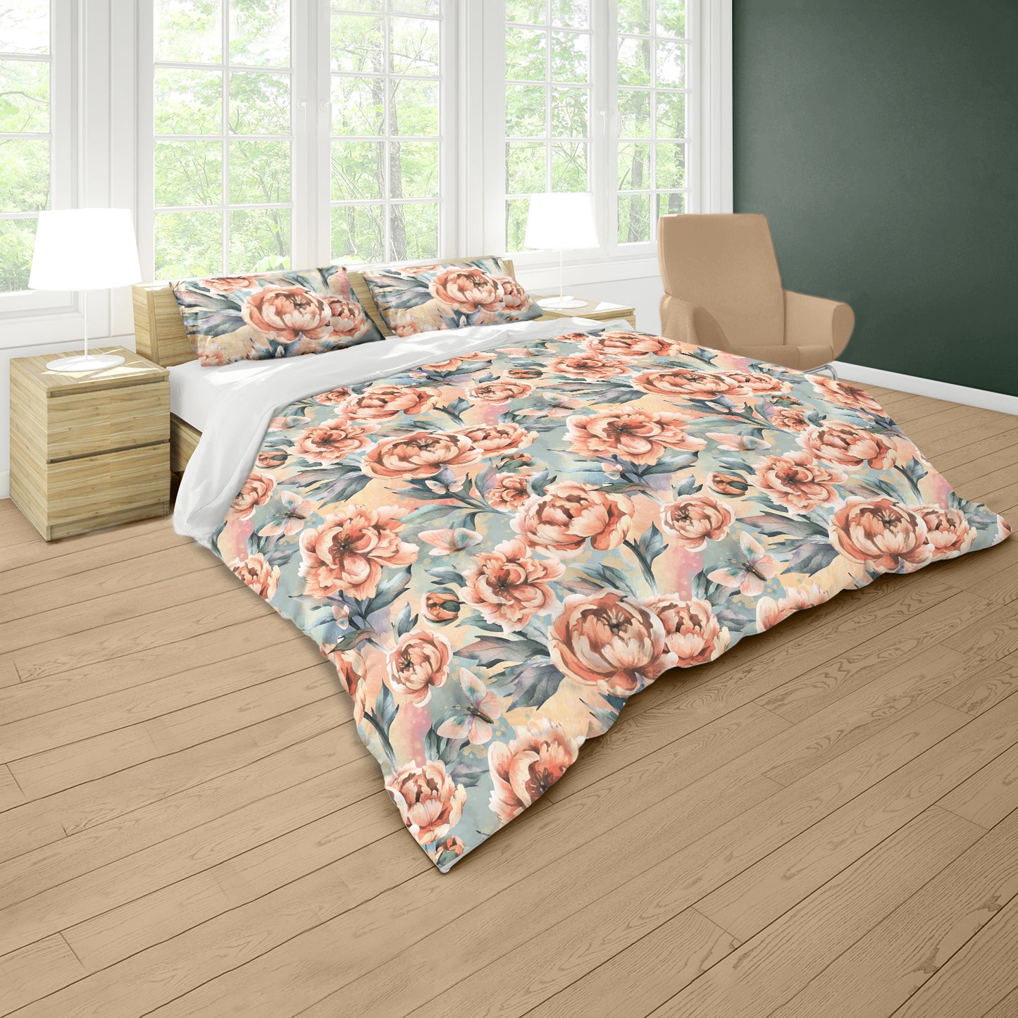 Peachy Dahlia Flowers Duvet Cover Set