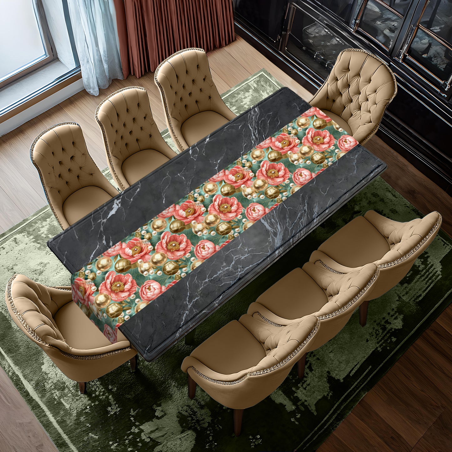 Peonies And Gold Balls Table Runner