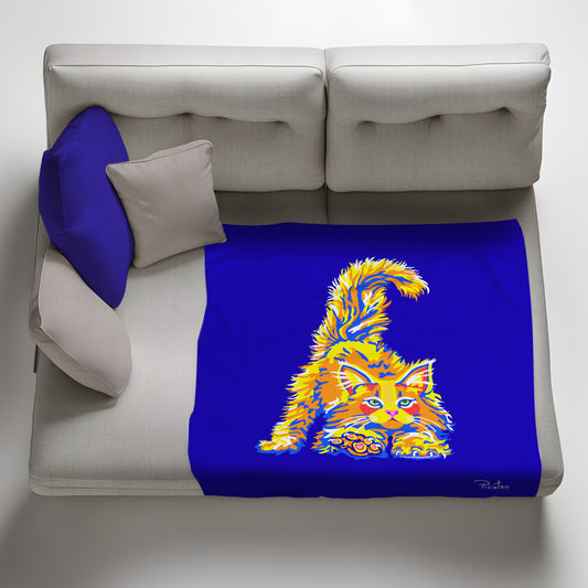 Blue Streching Cat Light Weight Fleece Blanket by Picatso