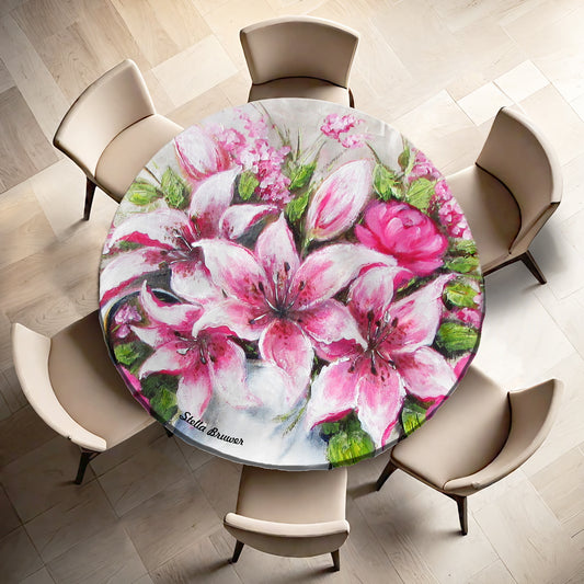 Pink Lilies By Stella Bruwer Round Tablecloth