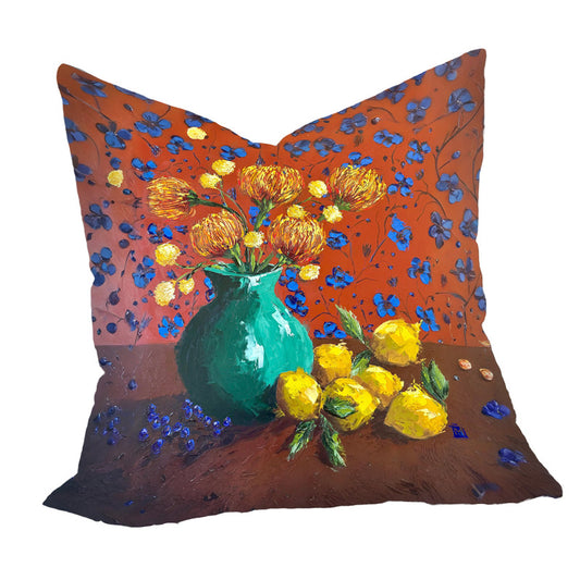 Pincushion Protea And Lemons Luxury Scatter by Juanette Menderoi
